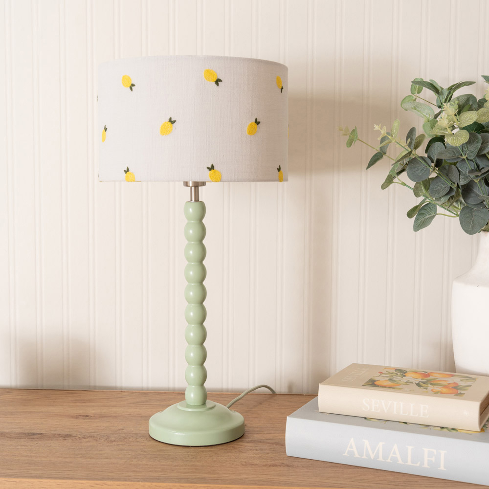 ValueLights Bobbins Lemon Embroidered Drum Shade Sage Green LED Table Lamp Image 3