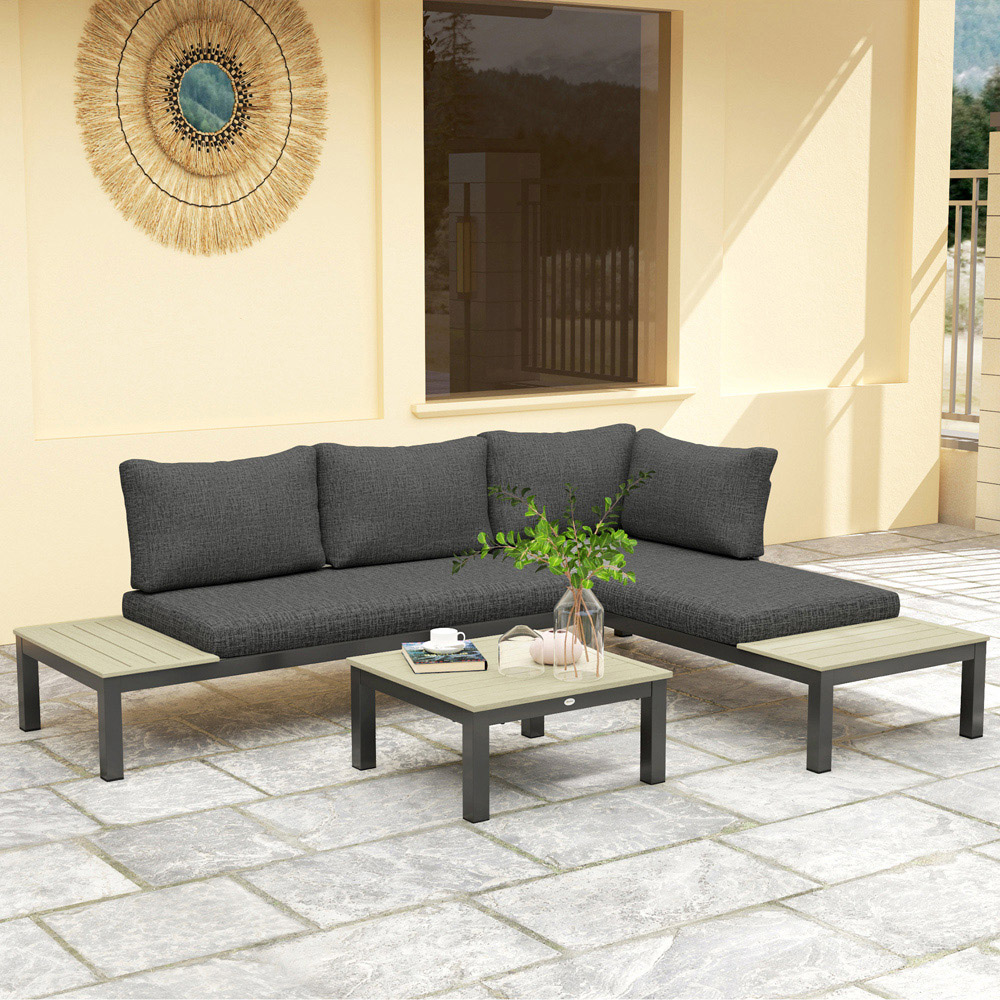 Outsunny 3 Seater Grey Garden Corner Sofa Set with Cushions Image 4