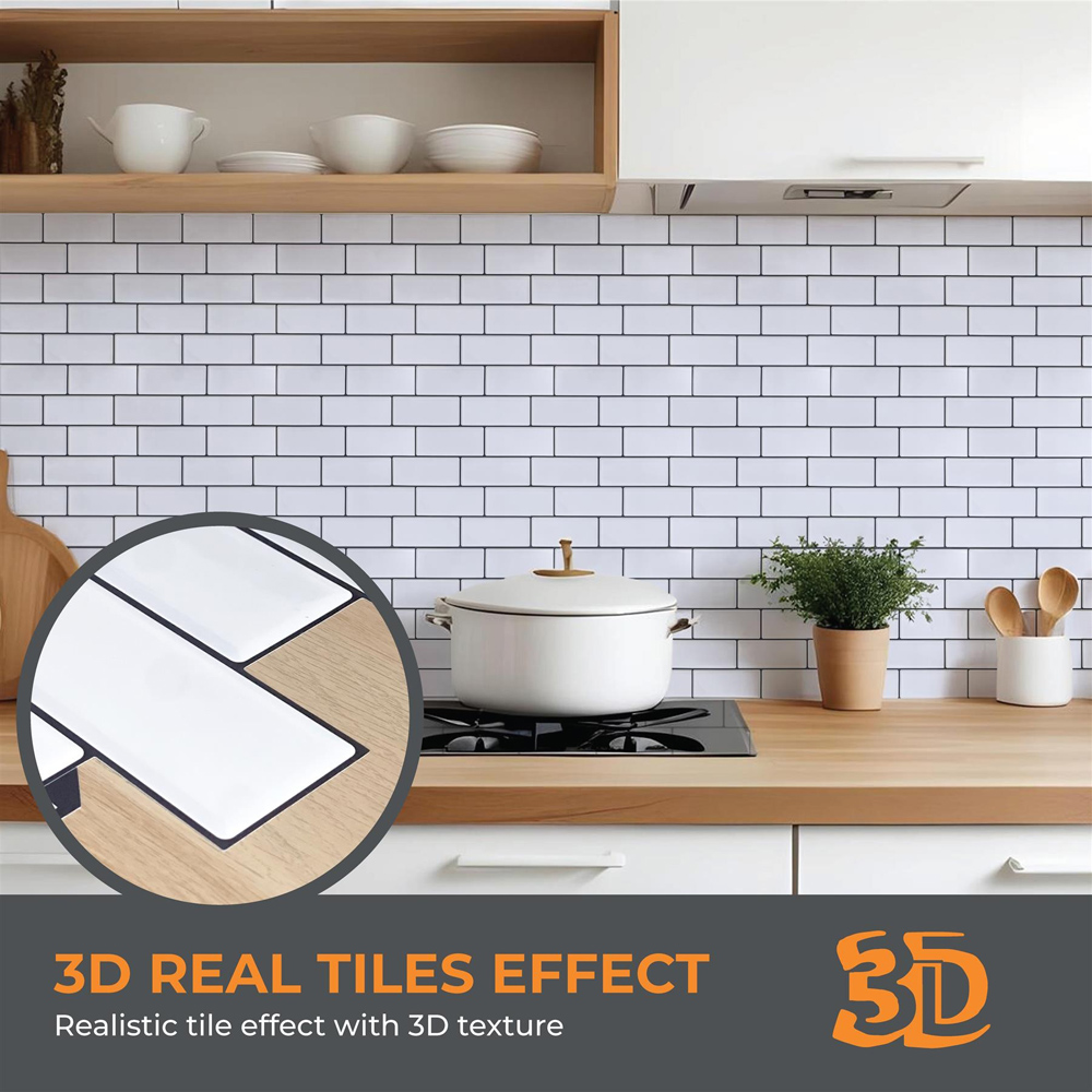 Walplus White Retro Glossy 3D Tile Sticker 30.5 x 30.5cm 6 Pack Image 6