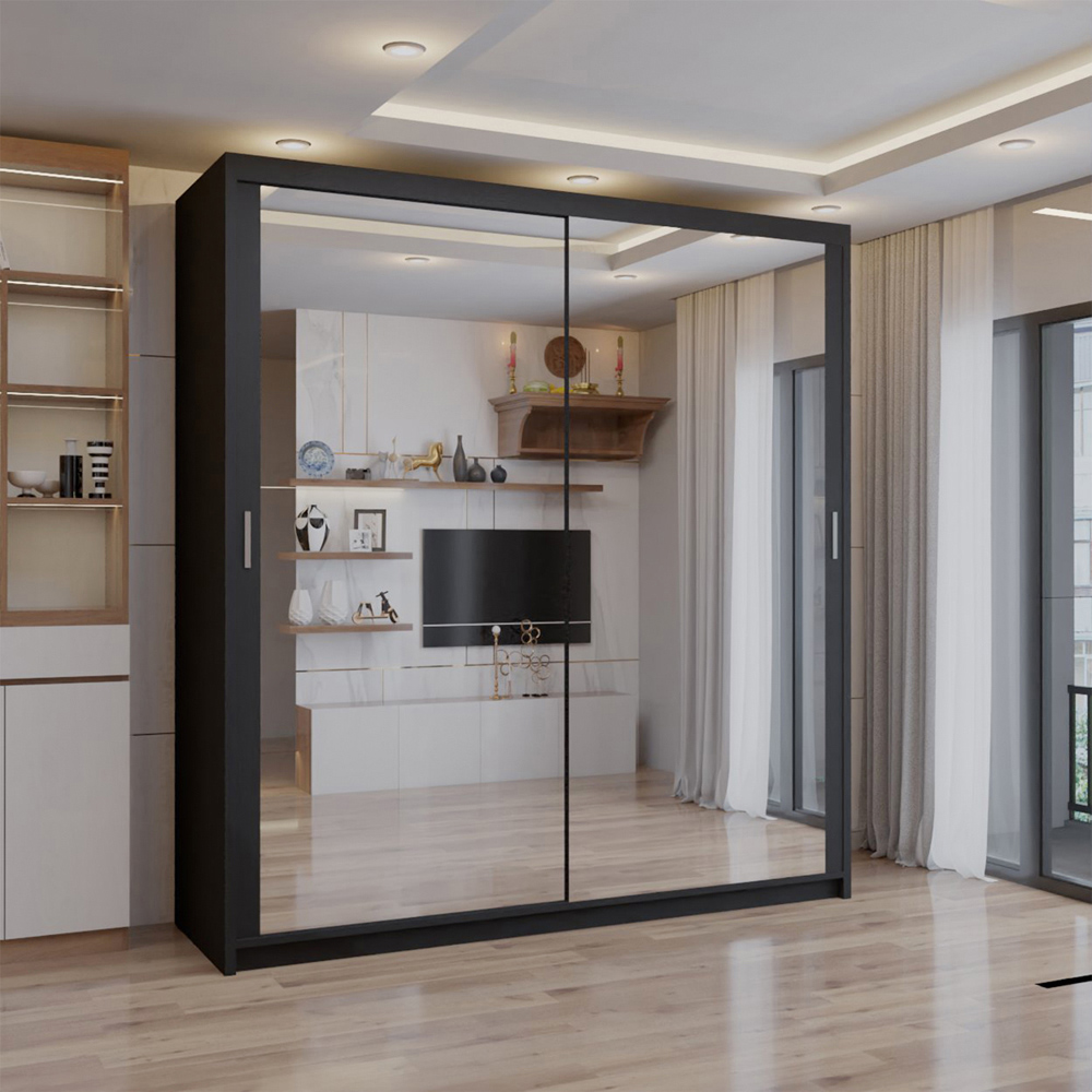 Sliding Wardrobes 4U 2 Sliding Door Black Full Length Mirrored Wardrobe 120cm Image 3