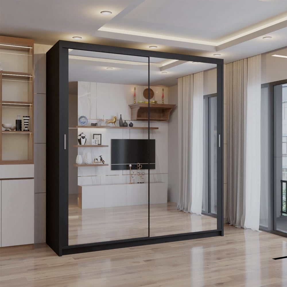 Sliding Wardrobes 4U 2 Sliding Door Black Full Length Mirrored Wardrobe Image 3