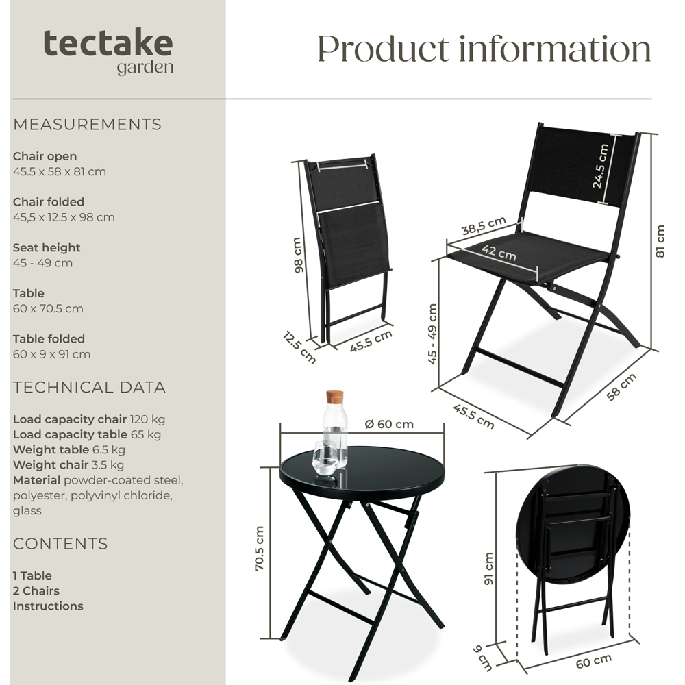 tectake 2 Seater Black Foldable Bistro Set Image 9