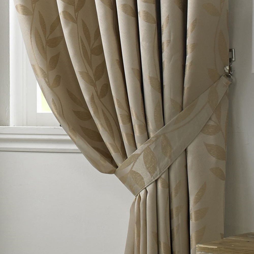 Alan Symonds Dupion Latte Leaf Jacquard Ring Top Eyelet Curtains 168 x 137cm Image 3
