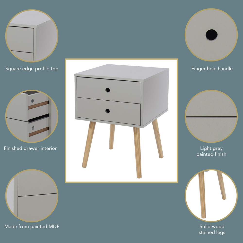Scandia 2 Drawer Light Grey Tapered Legs Bedside Table Image 7