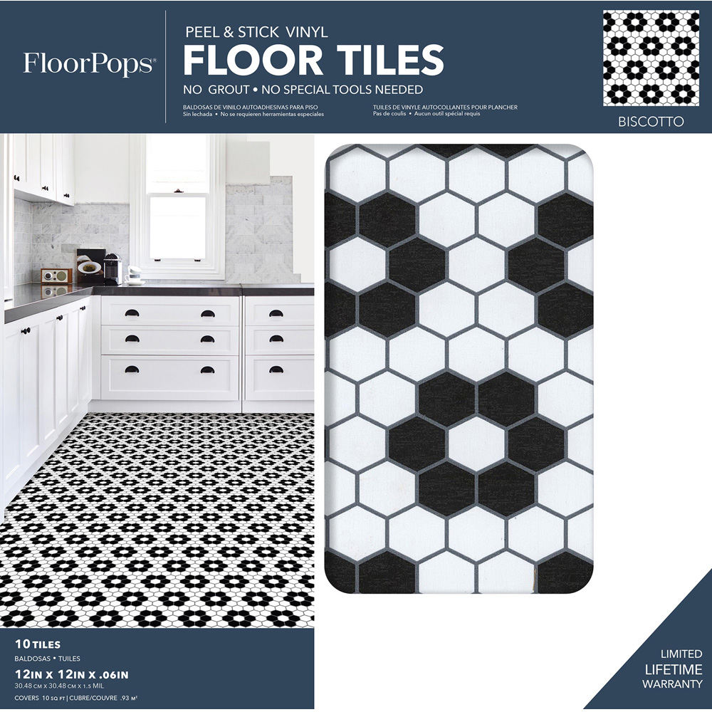 Floorpops Biscotto Black and White Peel and Stick Floor Tile 30.48 x 30.48cm 10 Pack Image 7
