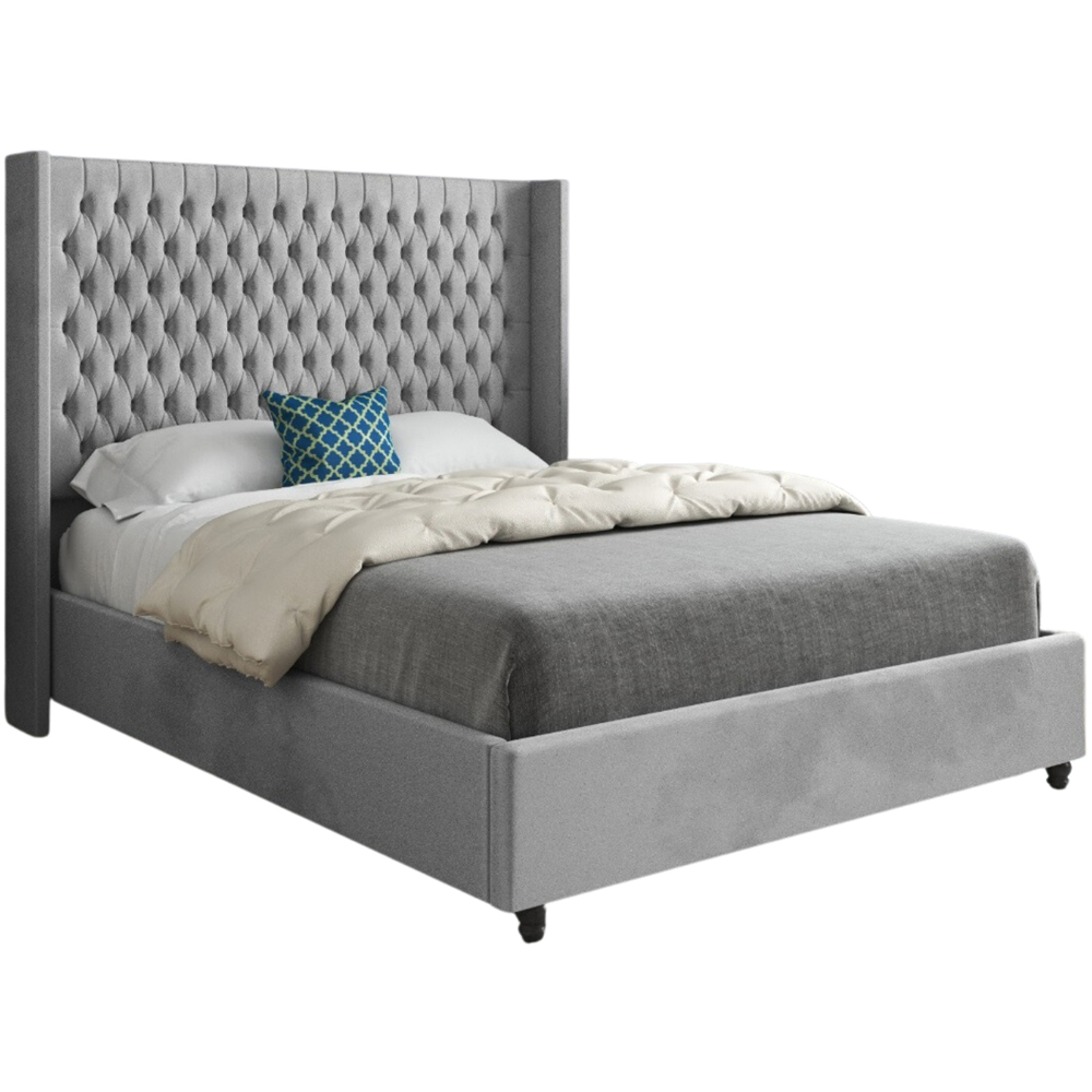 Volta Small Double Grey Soft Velvet Upholstered Bed Frame with Straight Winged Headboard Image 2