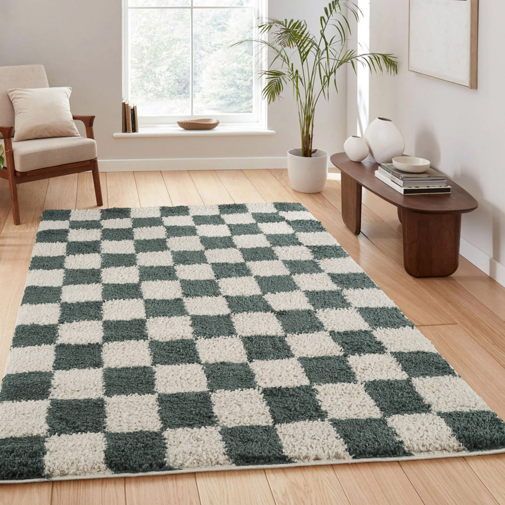 Desire Rugs Chester Jade Green Shaggy Checkered Rug 120 x 170cm Image 2