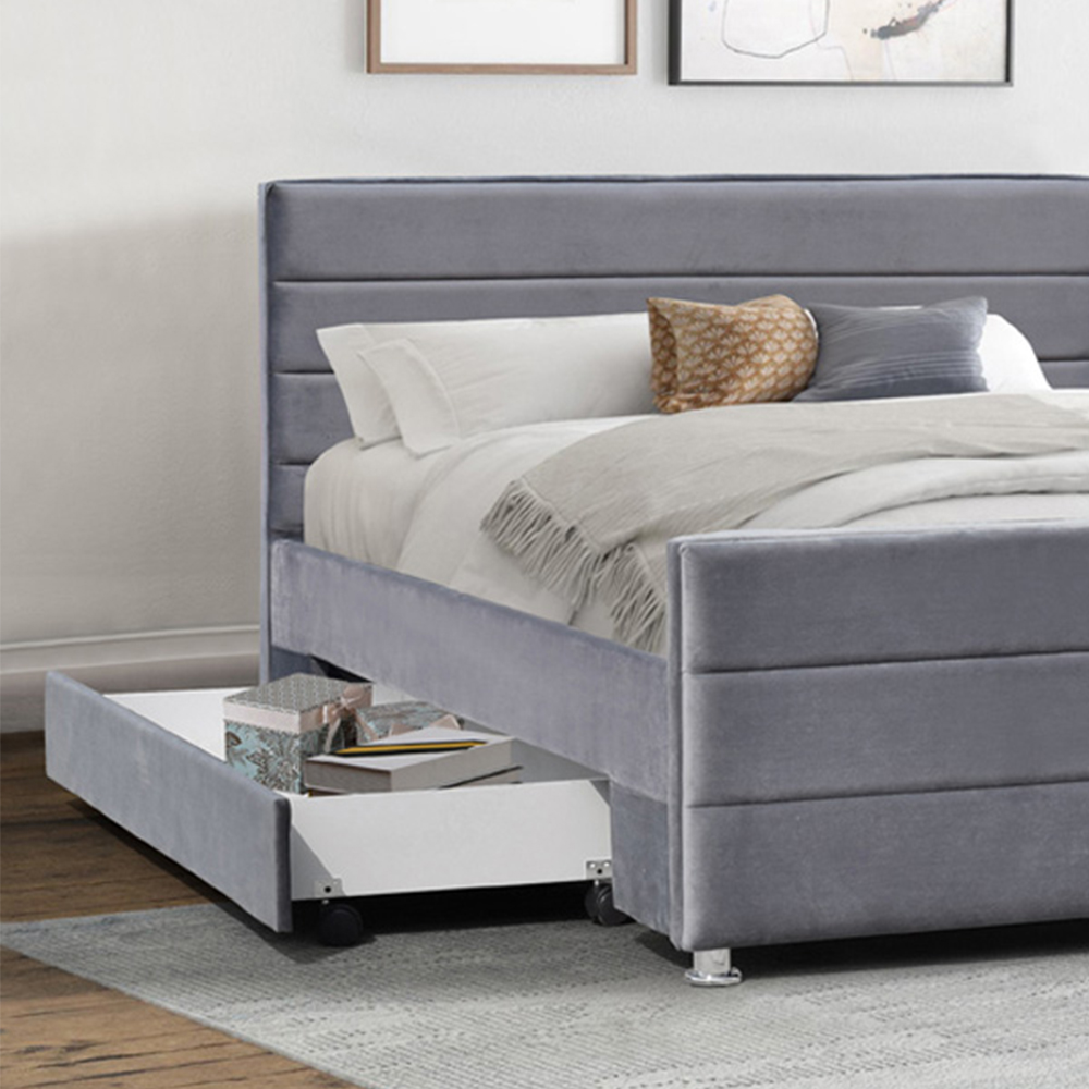 Brooklyn Single Grey Brushed Velvet Upholstered Bed Frame with 2 Drawers Image 2