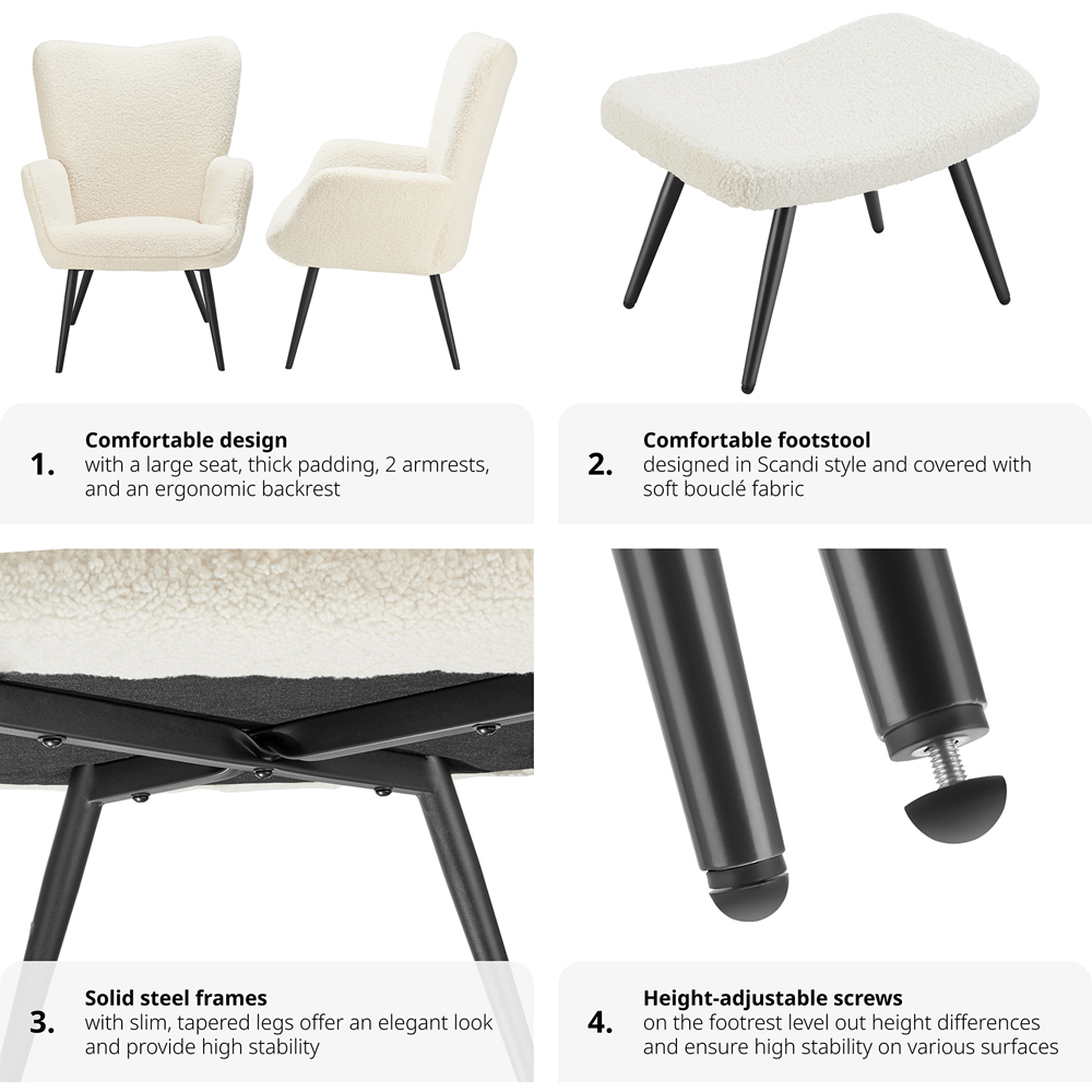 tectake Hygge Cream and Black Boucle Padded Armchair with Stool Image 5