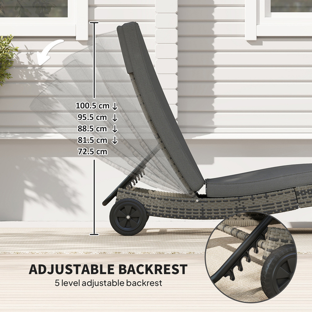 Outsunny Dark Grey Rattan Reclining Back Sun Lounger with Wheels Image 5