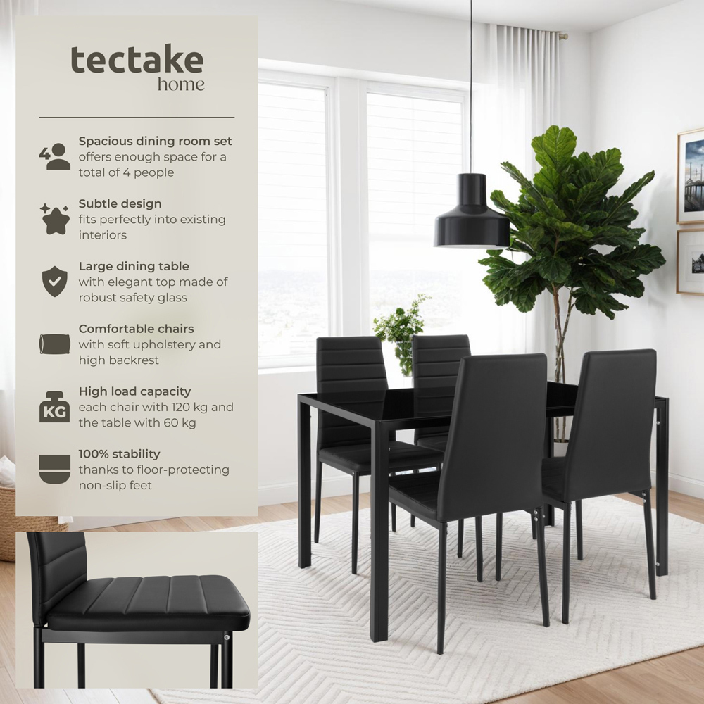 tectake Berlin 4 Seater Black Faux Leather Dining Table Set Image 4