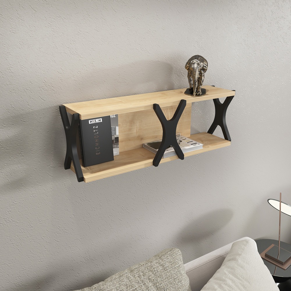 Decorotika Seza Single Shelf Oak and Black Practical Wall Mount Shelf Image 4