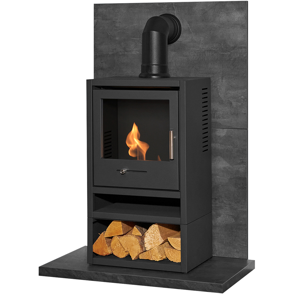 Acantha Slate Venetian Plaster Effect Tile and Hearth with OKO S1 Stove Log Store and Angled Pipe Image 1