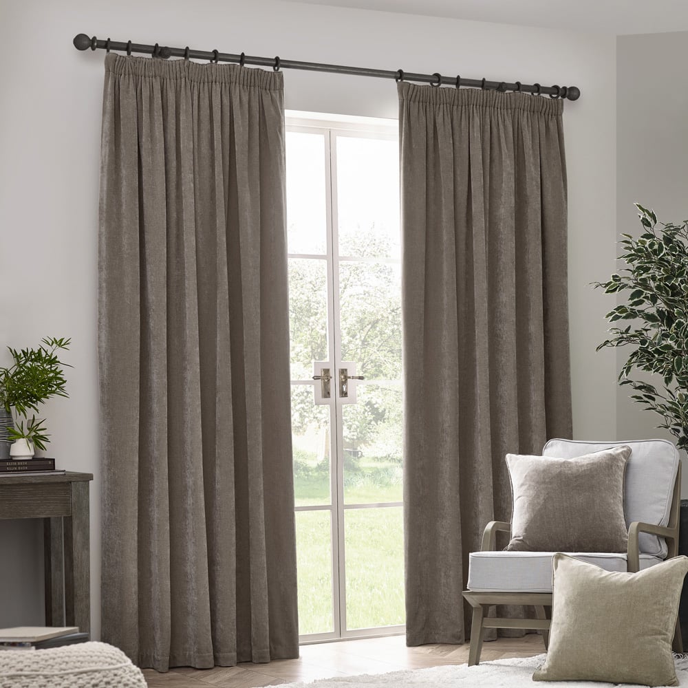 Yard Heavy Greige Chenille Velvet Pencil Pleat Curtains 168 x 137cm Image 5