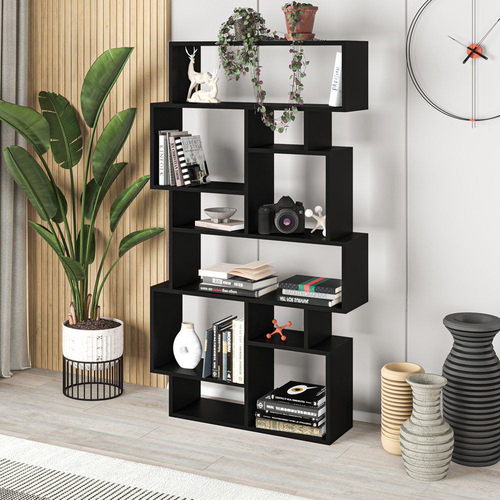 Decortie Karmato 10 Shelf Black Bute Slim Asymmetric Tall Freestanding Bookcase Image 4