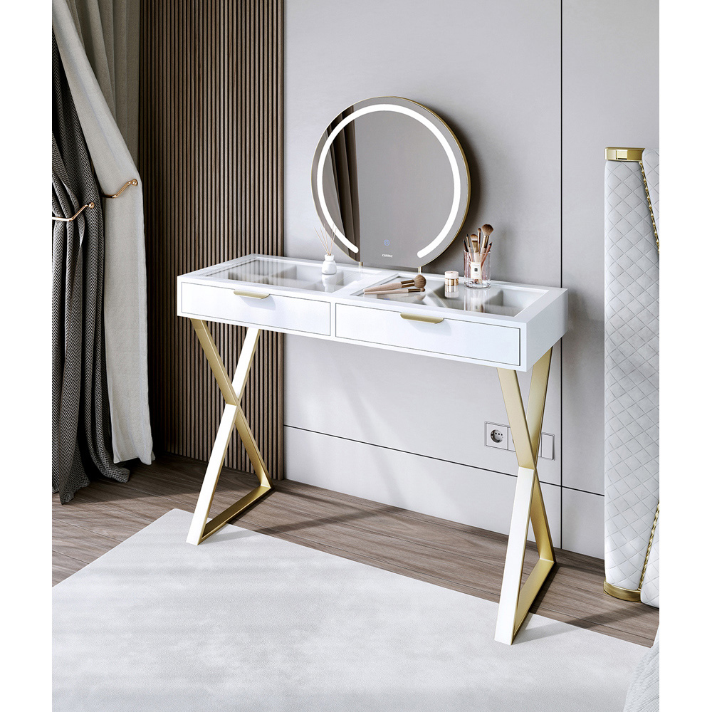 CARME Home Jess 2 Drawers White and Gold Glass top Dressing Table Image 5