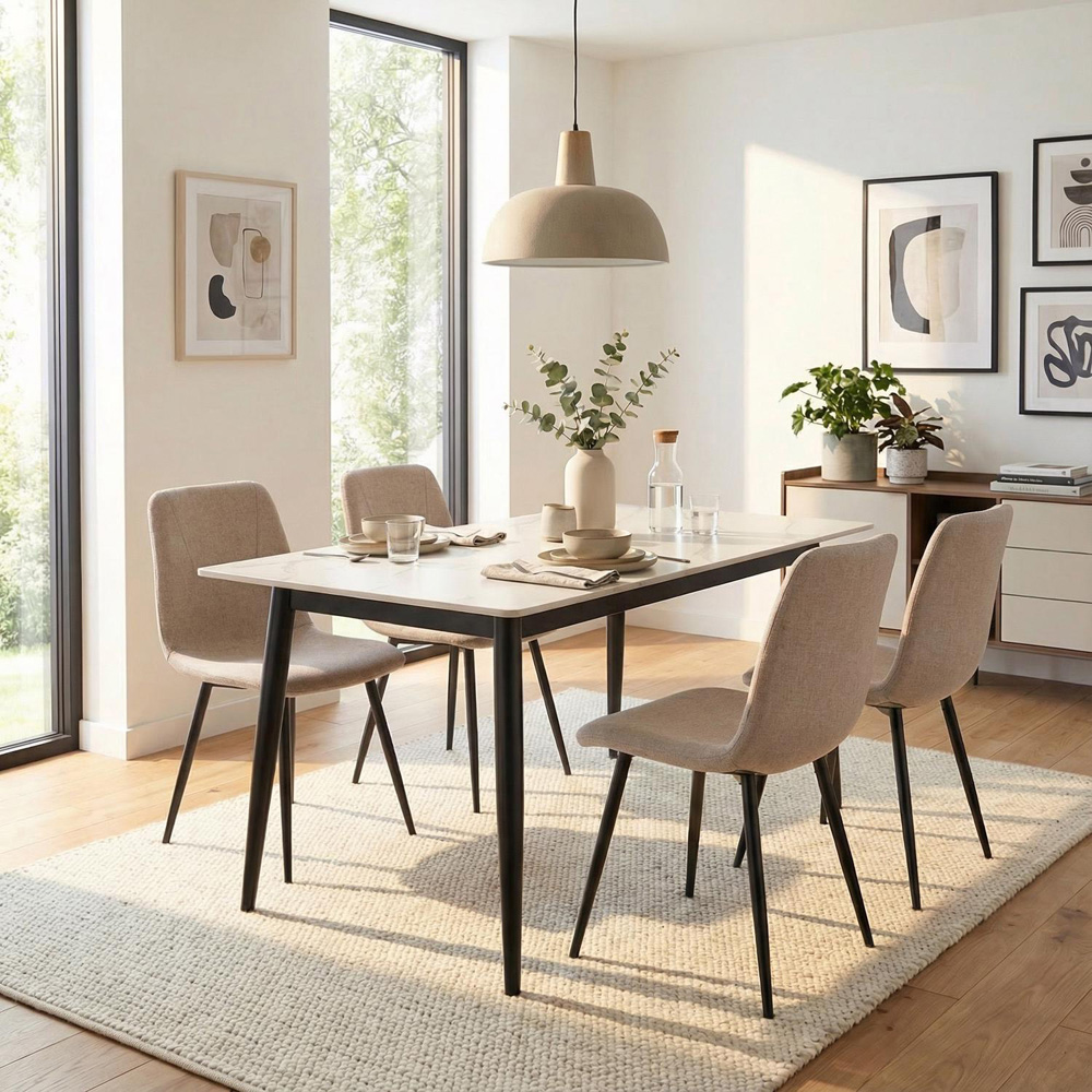 FWStyle Nova 4 Seater Sintered Stone Marble Effect Heat Resistant Fixed Top Dining Table Cream Image 4