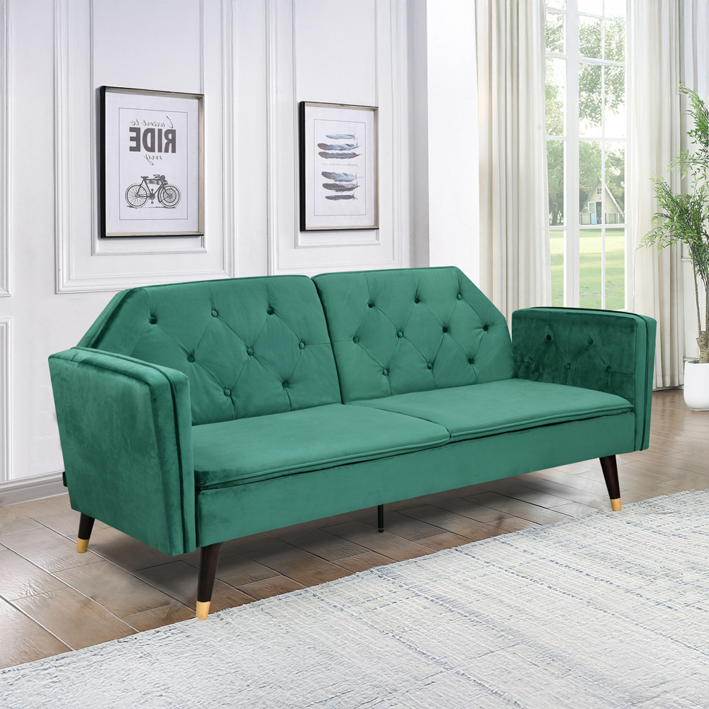 Comfy Living 3 Seater Green and Gold Plush Velvet Tufted Sofa Bed Image 7