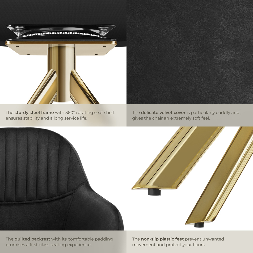 tectake Set of 4 Black and Gold Velvet Swivel Accent Armchair Image 5