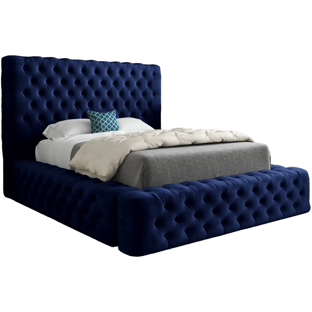 Grand Milan Blue Small Single Upholstered Bed Frame with Pleated Chesterfield Headboard Image 2