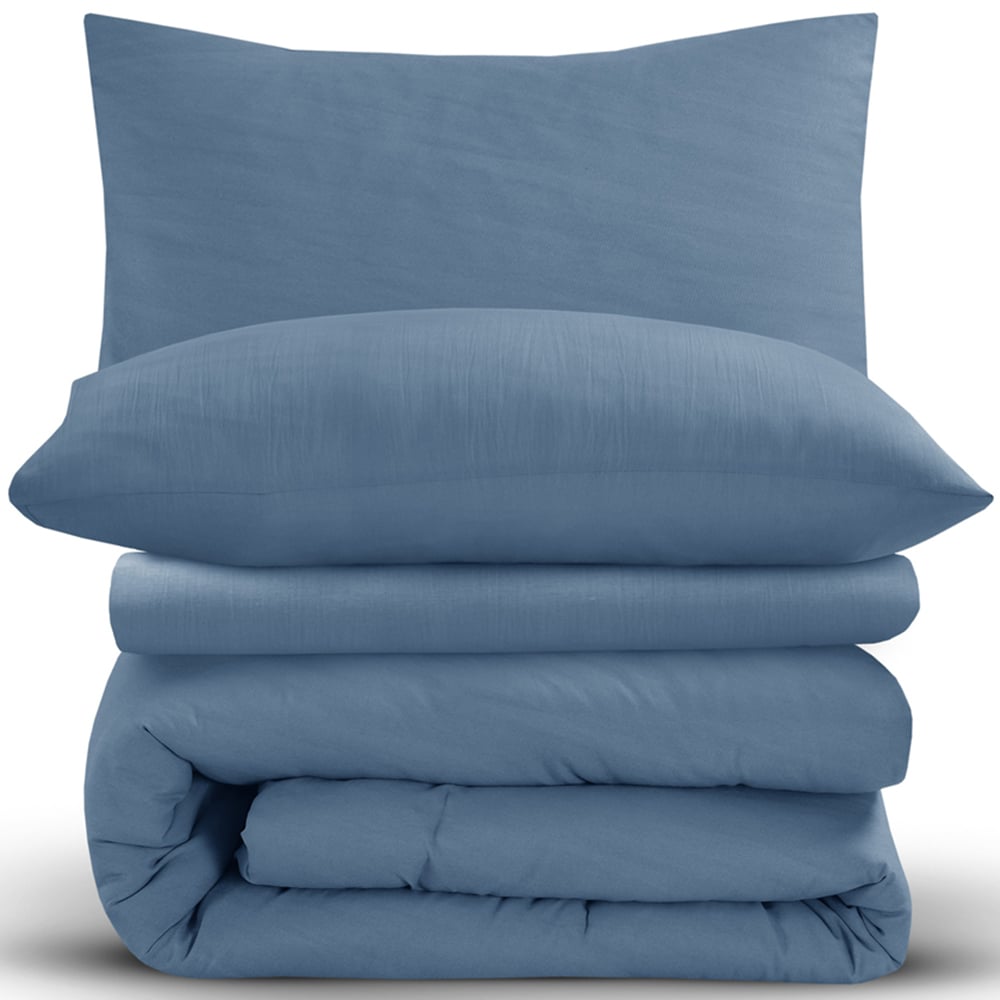 Velosso Washed Linen Look Super King Size Denim Blue Duvet Set Image 2