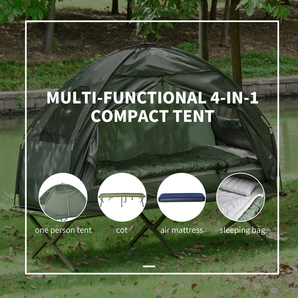 Outsunny 4-in-1 Foldable Dome Tent Camping Cot with Sleeping Bag Green Image 5