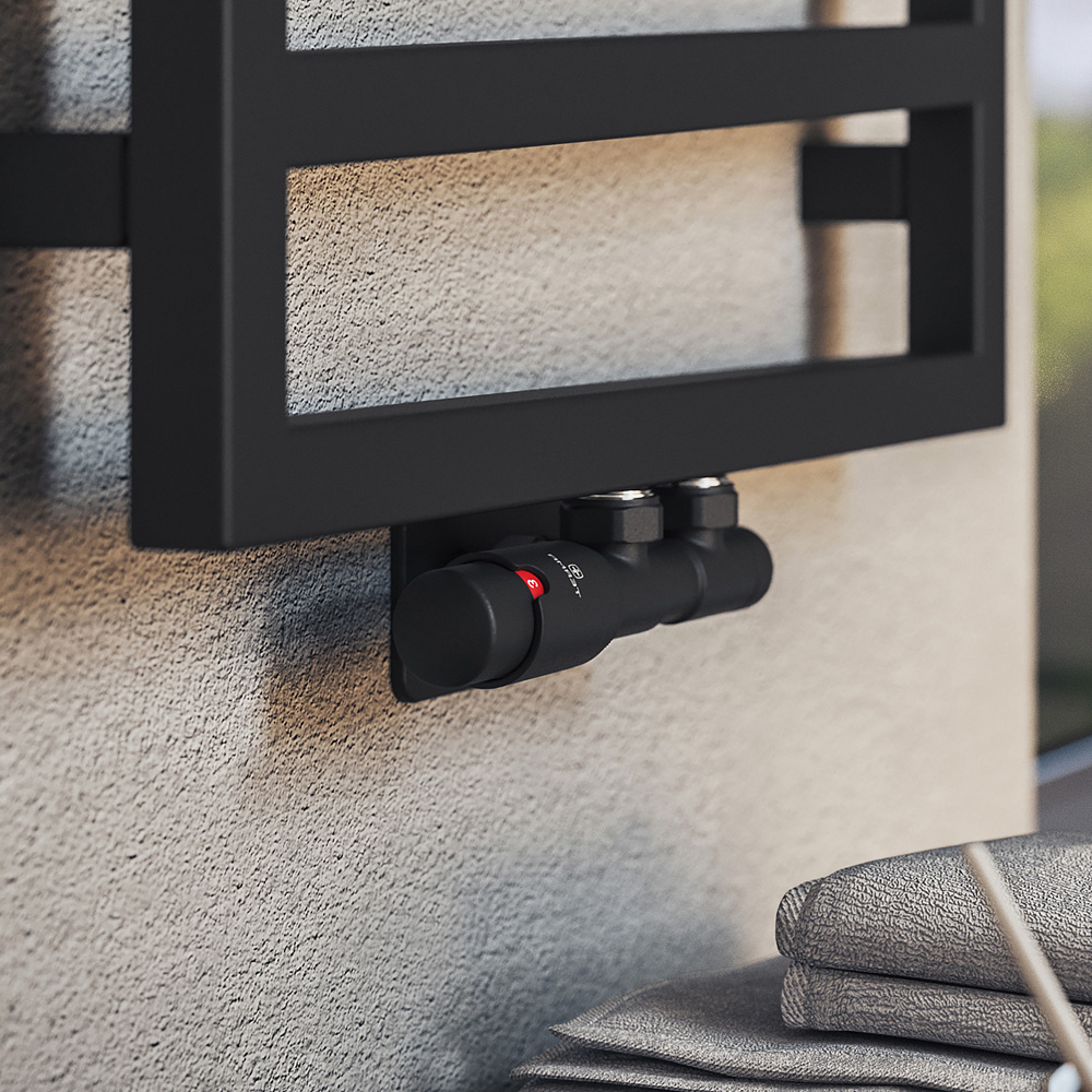 Terma Vario Black Soft Left Sided Twins Angled Integrated Thermostatic Radiator Valve Set 50mm Image 2