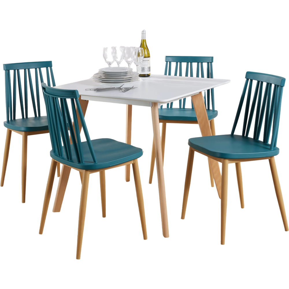 Home Source 4 Seater Geometric Pattern Dining Set White and Teal Image 2