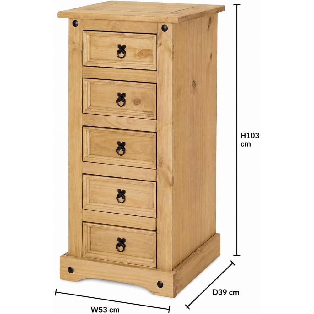 Mews Corona Waxed Pine 5 Drawer Narrow Chest of Drawers Image 8