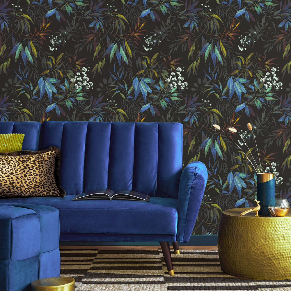 Belgravia Decor Kanata Leaf Cobalt Blue and Black Wallpaper Image 3