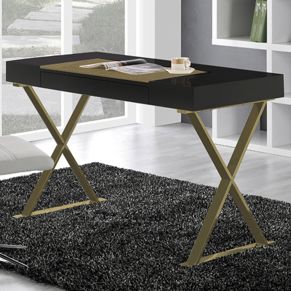 Centurion Supports Adonis Single Drawer Computer Desk with Leather Pad Black and Gold Image 1