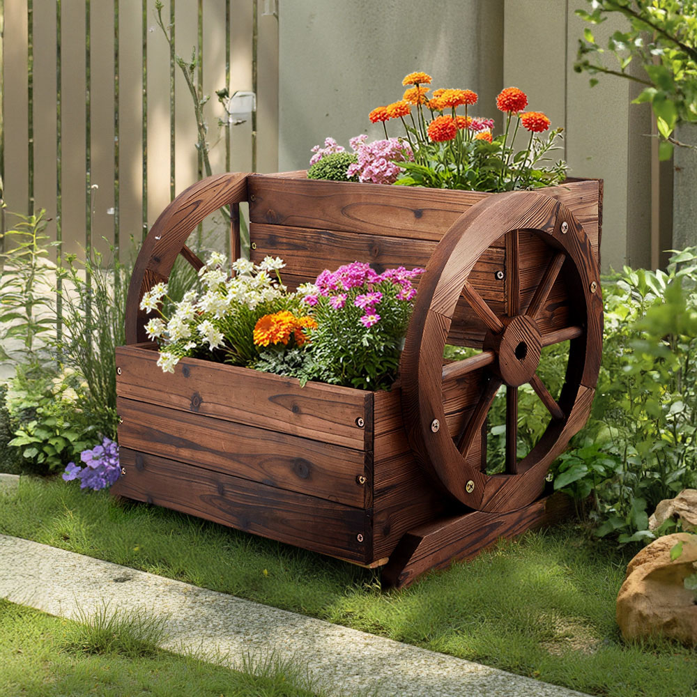 Living and Home 2 Tier Wooden Planter with Wagon Design Image 2