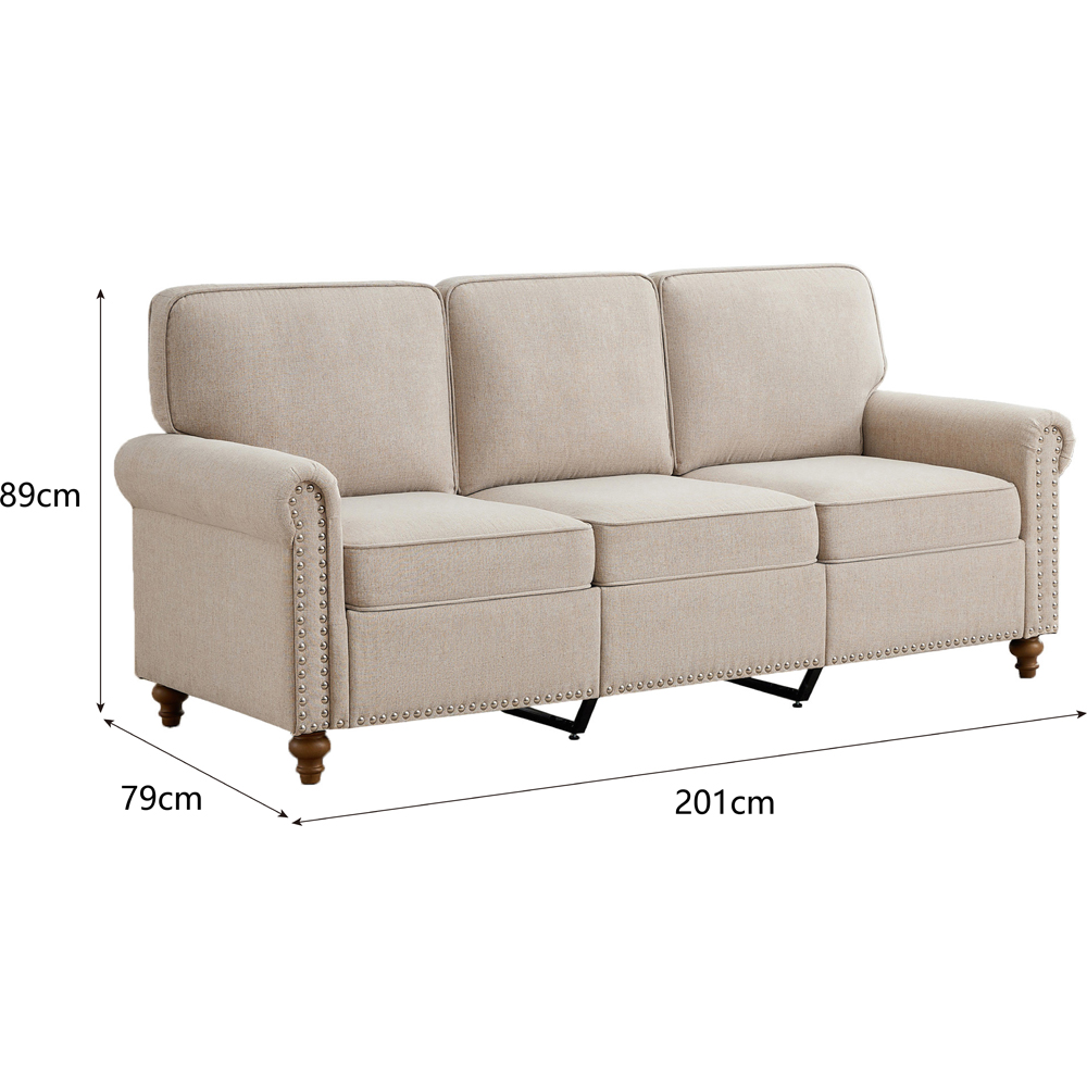 3 Seater Beige Plush Padded Studded Sofa Image 9