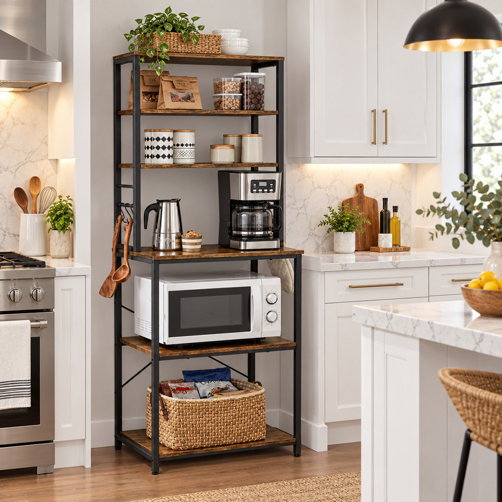 Modcraft 6 Shelf Black and Rustic Brown Adjustable Industrial Kitchen Storage Rack with 6 Hooks Image 6
