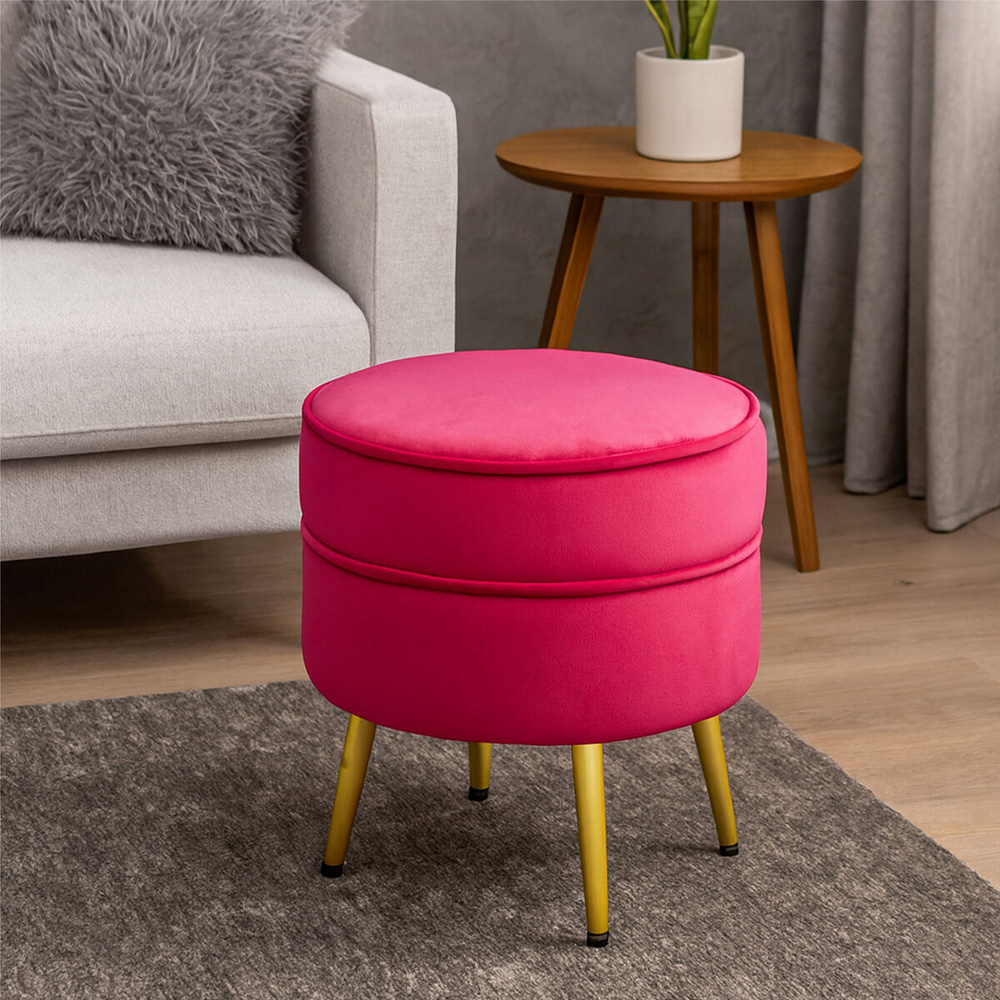 Premier Housewares Tamra Round Bright Pink Velvet Gold Leg Footstool Image 4