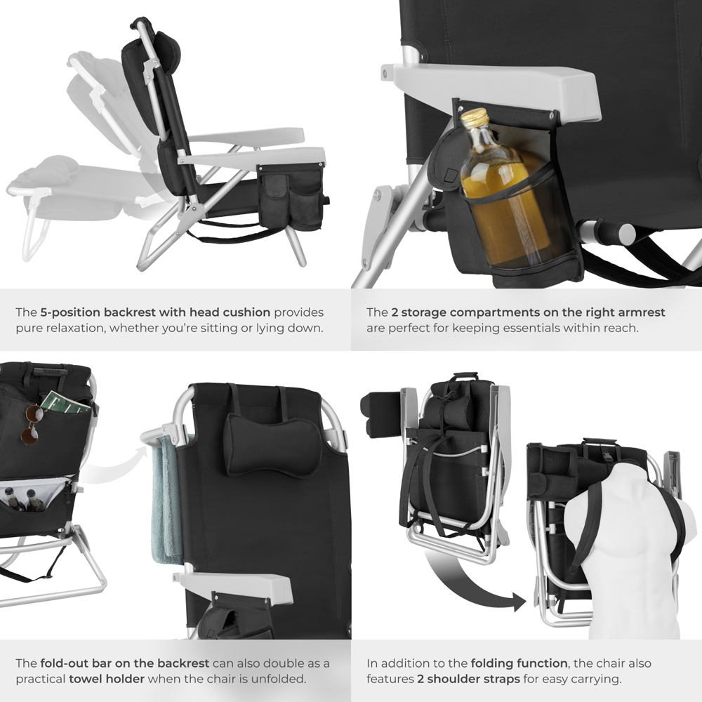 tectake Coral Black Foldable Beach Chair with Backpack Image 5