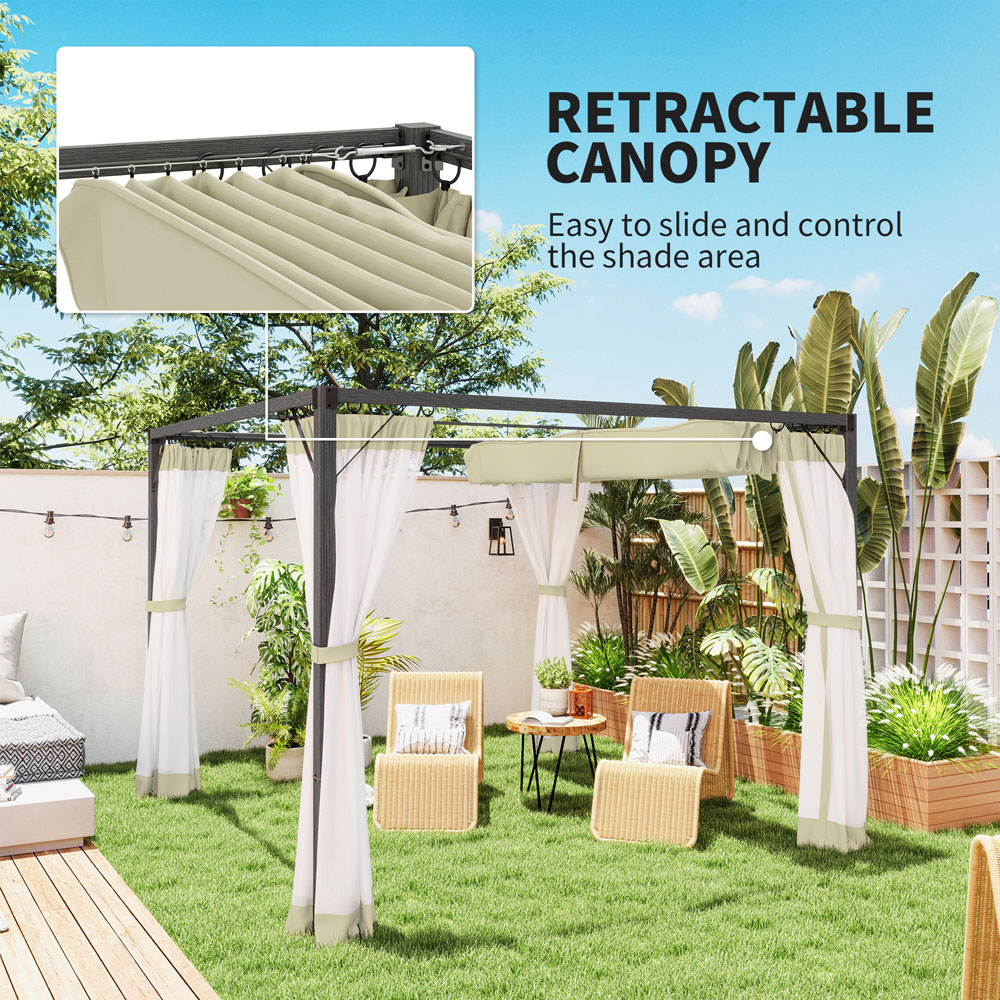 Outsunny 3 x 3m Khaki Pergola with Retractable Roof and Netting Image 8