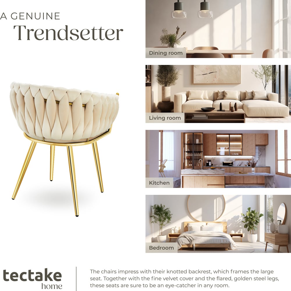 tectake Astano Set of 2 Sand and Gold Velvet Padded Knot Design Dining Chair Image 7