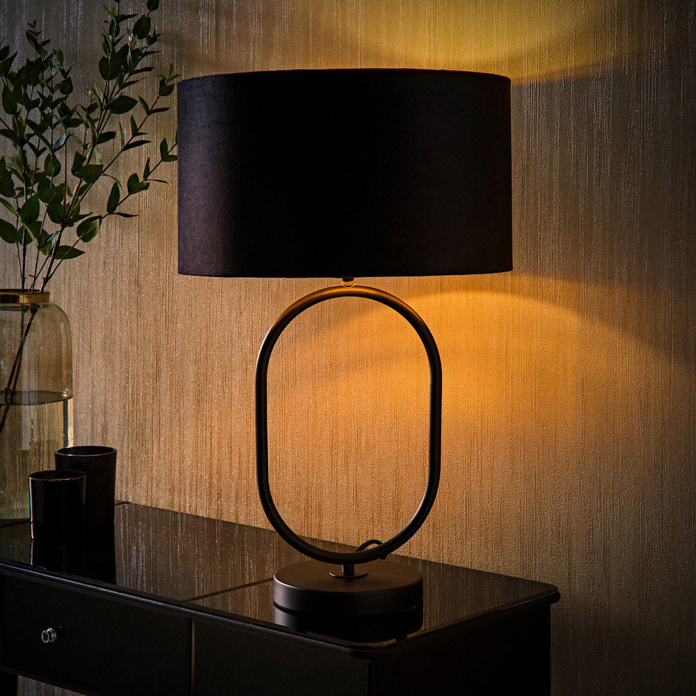 ValueLights Antonia Black Velvet and Gold Drum Shade Matte Black Oval LED Table Lamp Image 6