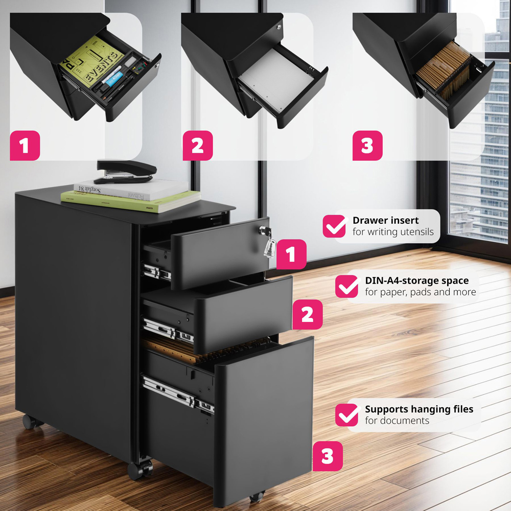 tectake Parvus 3 Drawer Black Lockable Filing Cabinet Image 3