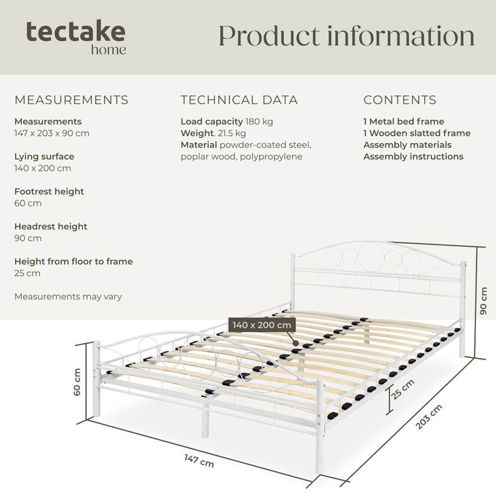 tectake Double White Metal Bed Frame with Slatted Base Image 8