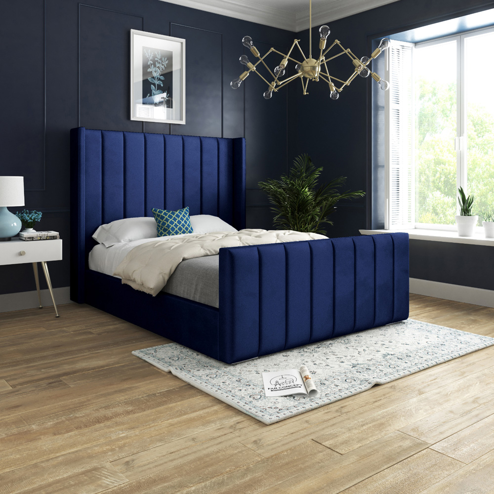 Romano Super King Size Blue Soft Velvet Upholstered Bed Frame with Straight Winged Headboard Image 5