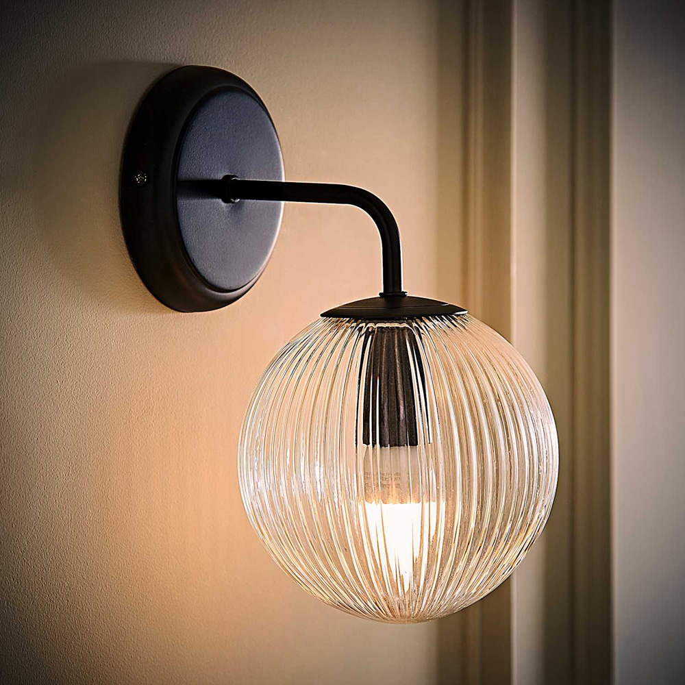 ValueLights Kempton Ribbed Globe Shade Matte Black Wall Light with Bulb Image 2