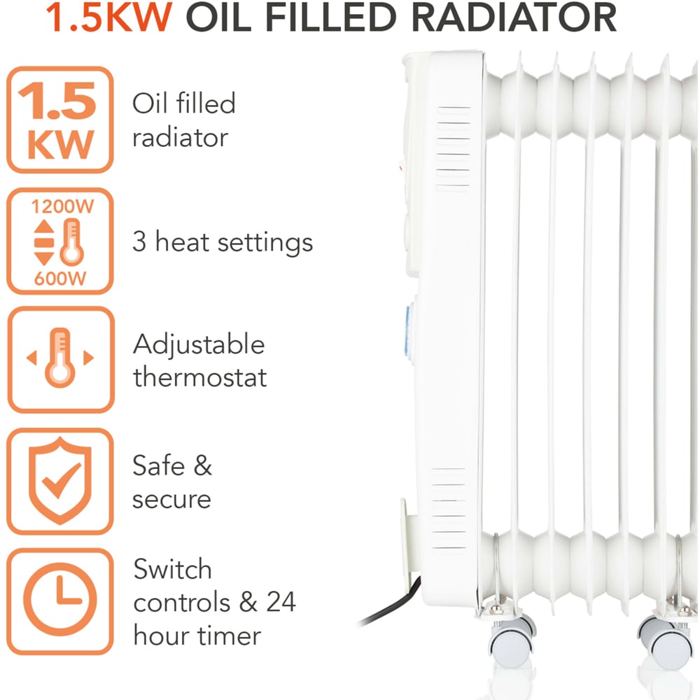 Warmlite 7 Fin White Oil Filled Radiator with Timer and Castor Wheels 1500W Image 2