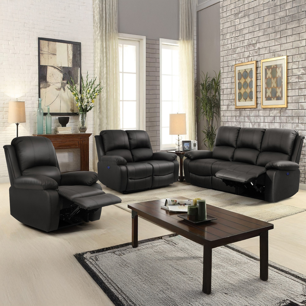 Comfy Living 6 Seater Black PU Leather Electric Recliner Sofa Set Image 1