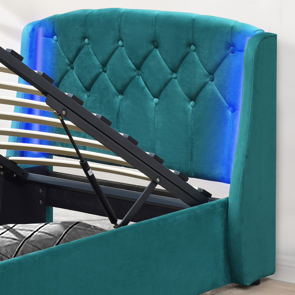 Comfy Living Single Green Fabric Gaslift Bed Frame with LED Headboard Image 2