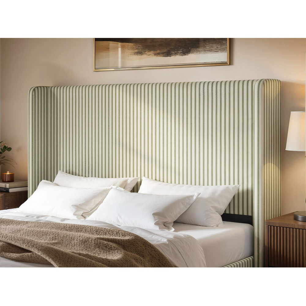 SOLACE+CO Jovanna Cream and Green King Size Striped Woven Fabric Bed with Winged Headboard Image 6