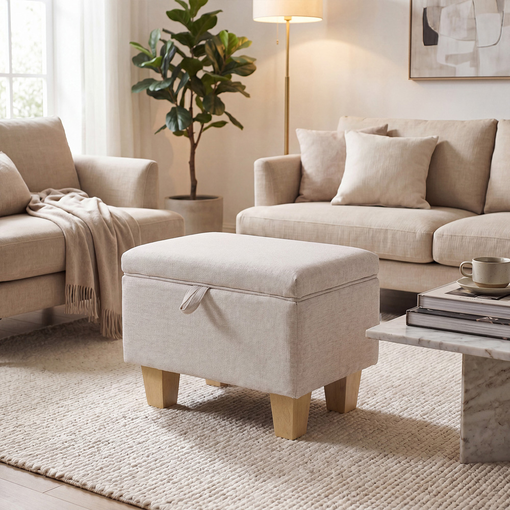 Living and Home 2 in 1 Cream Linen Upholstered Storage Ottoman Image 8