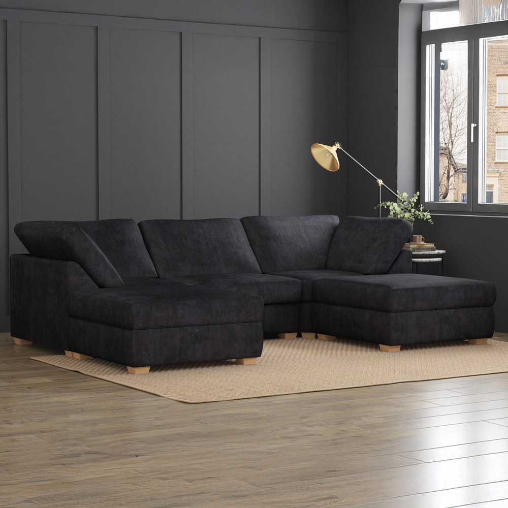 Nestle 5 Seater Ebony Plush Velvet Fixed Back U-Shape Sofa Image 6