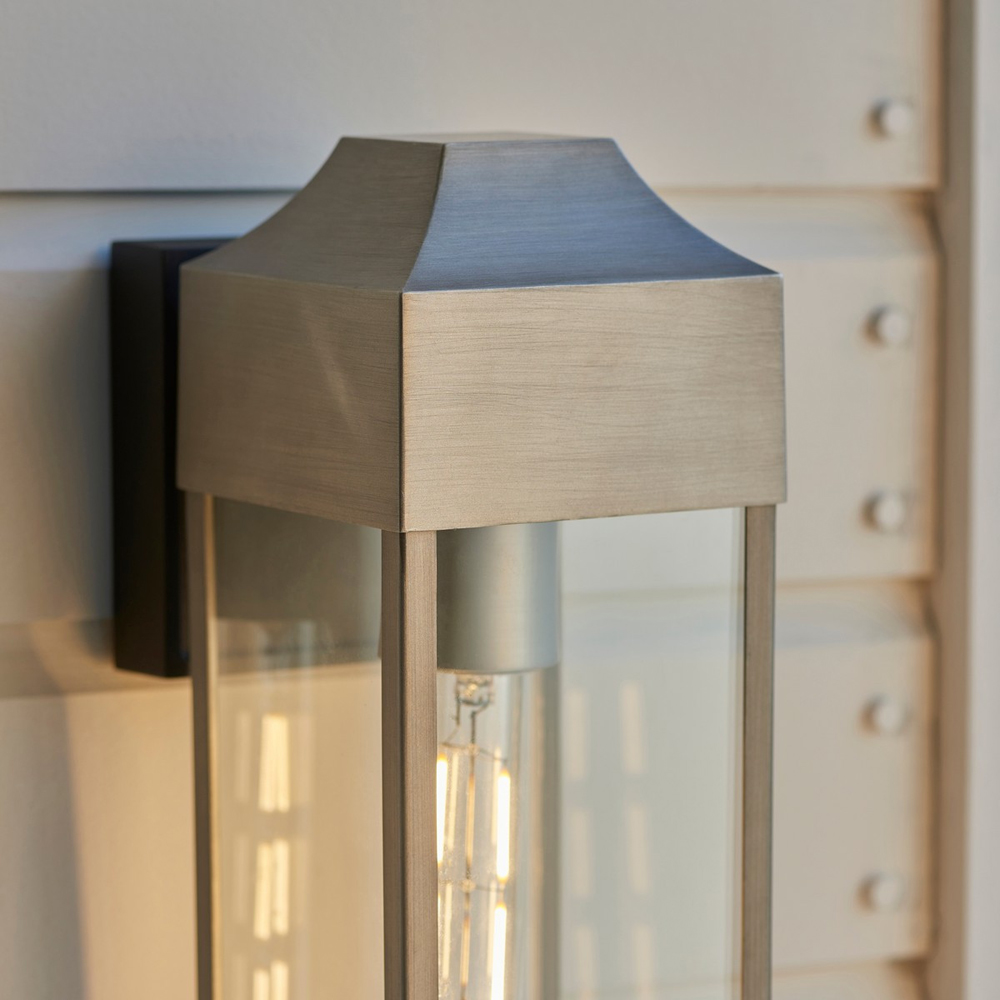 Merano Potenza Brushed Silver Clear Glass and Matt Black Outdoor Wall Lantern Image 3